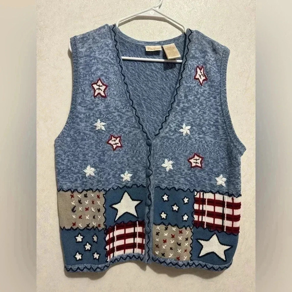 BOBBIE BROOKS Vintage Women’s Blue Knit Vest Stars Flag Red White Patriotic XL - Picture 1 of 10